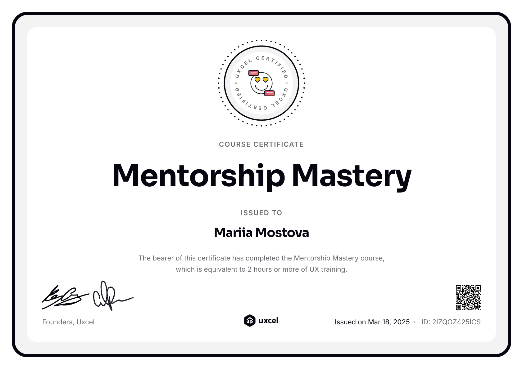 Mariia Mostova's certificate